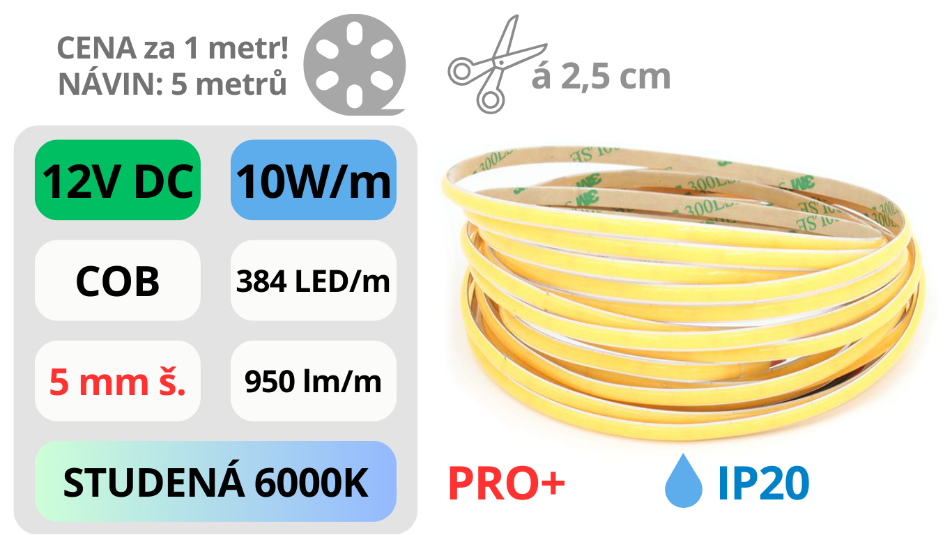 LED pásek COB FOB 12V / 384 LED / 10W / 6000K / IP20 / 5mm / PRO+